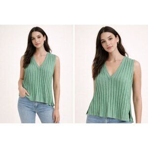 Free People FP Beach Green Ribbed knit Vest size Small Sleeveless V Neck Stretch